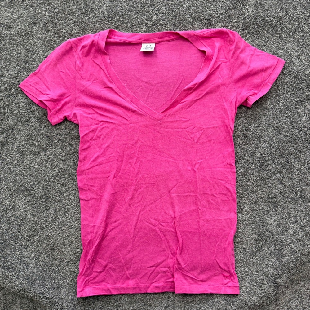 Pink Victoria's Secret V-Neck T-Shirt Hot Pink Short Sleeve Dog Logo Small Y2K